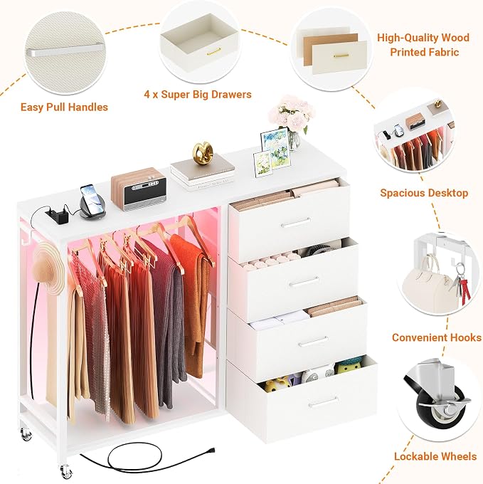 Cyclysio Storage Clothes Rack with 4 Drawers, Garment Rack with Charging Station & LED Lights, Fabric Chest Shelves Clothing Rack, Wooden Portable Wardrobe Closet