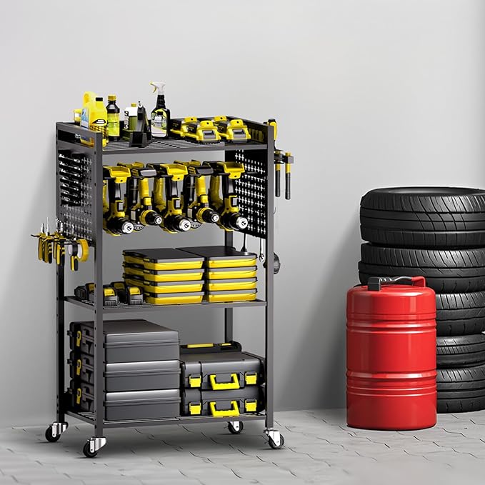 VEVOR 4-Tier Tool Organizer Cart, 150 lbs Load Capacity, Floor Stand Rolling Drill Holder and Stability Storage Rack, Heavy Duty Garage Floor Rolling Storage Cart for Workshop, Garage, Black