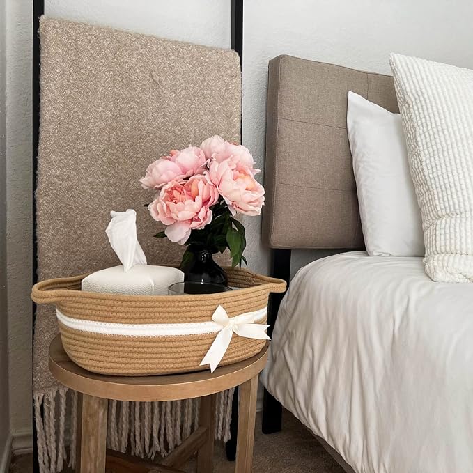 CHICVITA Small Woven Rope Gift Basket, Nursery Storage Basket, Camel | 13" x 10" x 5", Towels, Snacks, Toys & Diapers Storage, Bathroom, Nursery & Shelf Organization, Built-In Handles
