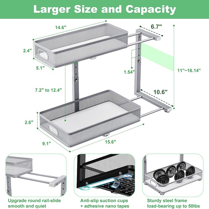 Under Sink Organizer 2 Pack, High Adjustable 2 Tier Under Sink Organizers and Storage, Slide out Metal Cabinet Organizers, Pull out Storage Drawer Shelf for Kitchen Bathroom Cabinet (Gray)