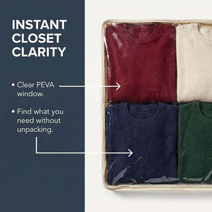 Household Essentials Canvas Sweater Storage Bags 2 Pack, Breathable Under Bed & Closet Organizer with Clear Window & Zipper, Soft-Sided Storage for Sweaters, Blankets & Linens