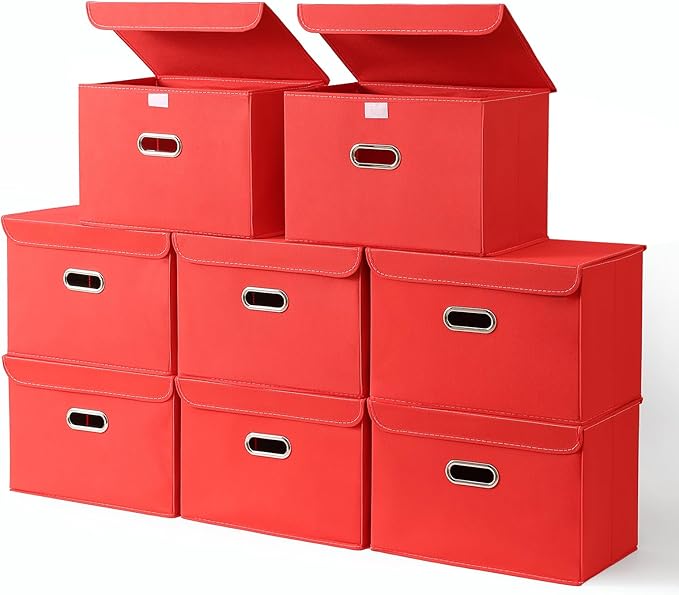 STOREONE Fabric Storage Cube Bins Foldable Organizer Container Collapsible Basket with Lids and Metal Handles, for Home, Bedroom, Closet 8 Pcs (Red)