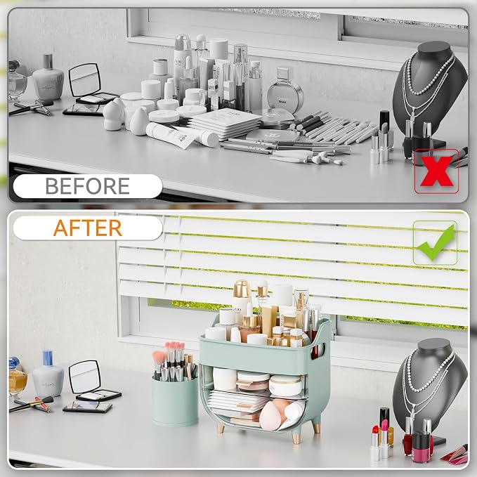 Green Make up Organizers for Counter,Vanity and Dresser,Bathroom Makeup Organizer Countertop,Large Makeup Storage Organizer for Hair Tool,Beauty Products,Skin Care and Cosmetic Display Cases