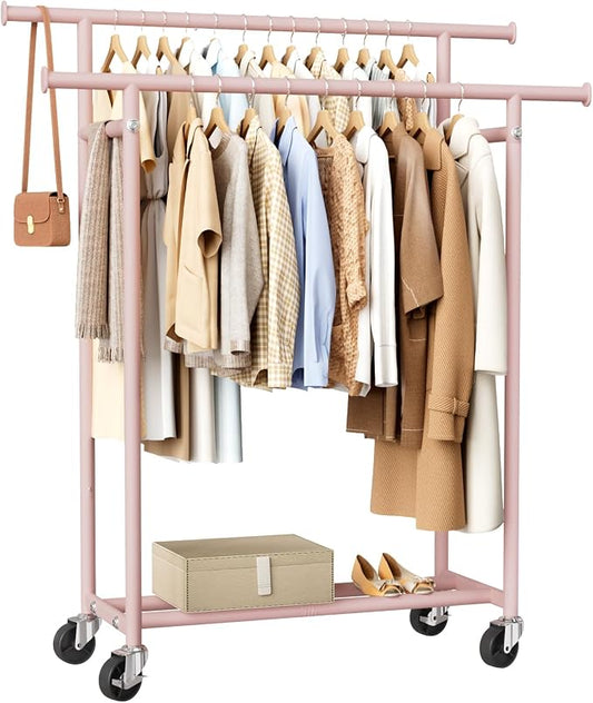 HYSEYY Clothes Rack, Double Rods Rolling Clothing Rack for Hanging Clothes, Portable Garment Rack with Wheels, Coat Rack Wardrobe Closet Load 240 LBS for Bedroom Laundry Room (Pink, L)