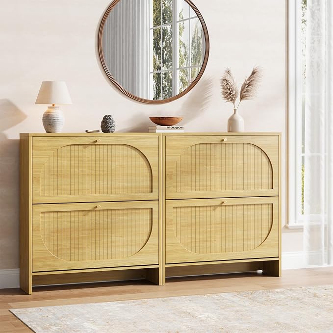 Nicetree Arch-Chic Shoe Cabinet for Entryway, Modern Mid-Century Shoe Storage Cabinet with Fluted, Narrow Shoe Rack with Adjustable Shelves & Tipping Protection, Fits Size 13.5 Shoes,Natural Oak