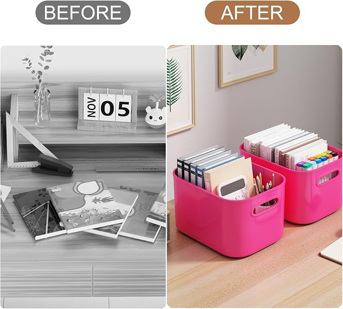 ORGIDOL 6 Pack Pink Storage Bins with Lids Stackable Storage Container for Organizing, Storage Boxes with Handle for Shelves, Cute Storage Bin for Craft, Snacks, 9.85x6.9x5.7 inch
