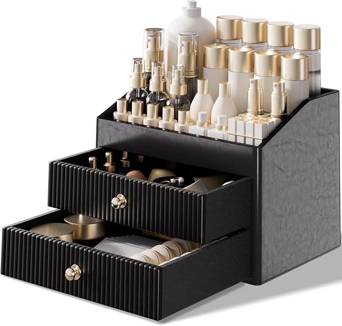 LADSTAG Make up Organizers for Vanity,Leather Makeup organizer for Vanity,Large Capacity Black Vanity Storage for Nail Polish,Bedroom,Bathroom,Gifts for Mom,Unique Gifts for Women