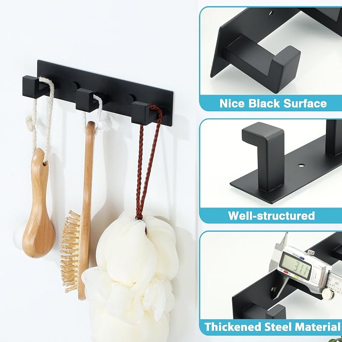 Alise Coat Hook Wall Mount Hat and Coat Rack with 3 Hooks Wall Mount,Black | Key Hooks for Robes,Bags,Keys,and Towels,SUS304 Stainless Steel Wall Hooks for Hanging,Self Adhesive or Drilling