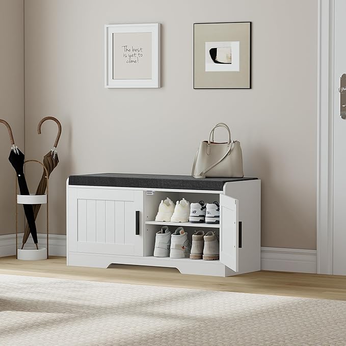 Homleke Shoe Storage Bench, 2 Doors & Thickened Padded Seat Cushion | 2-Tier Shoe Bench, Entryway Bench, Adjustable Shelf, 13.8" D x 37.4" W x 18.5" H, for Living Room, Bedroom, White