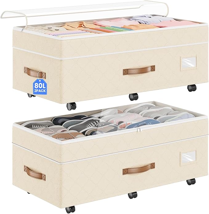 Budding Joy 80L 2 Pack Adjustable Under Bed Storage with Wheels, Beige | Underbed containers with clear lids, rolling underbed shoe storage organizer for dorm clothes, blankets, easy to install