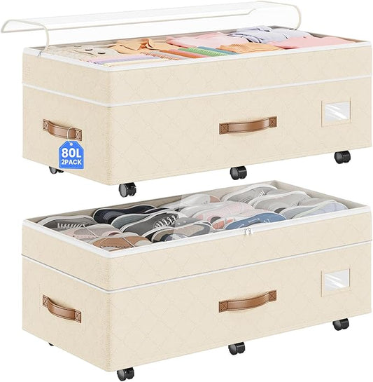 Budding Joy 80L 2 Pack Adjustable Under Bed Storage with Wheels, Beige | Underbed containers with clear lids, rolling underbed shoe storage organizer for dorm clothes, blankets, easy to install