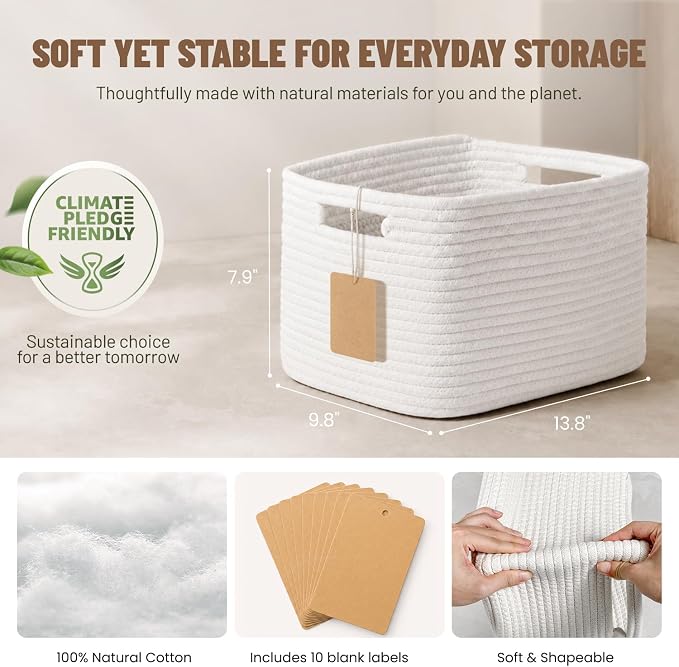 5 Pack White Woven Storage Baskets for Shelves, Decorative Basket Organizer Storage Bins for Toys, Books, Clothes, Closet, Nursery, Bathroom – Cotton Rope Shelf Baskets for Organizing and Decor