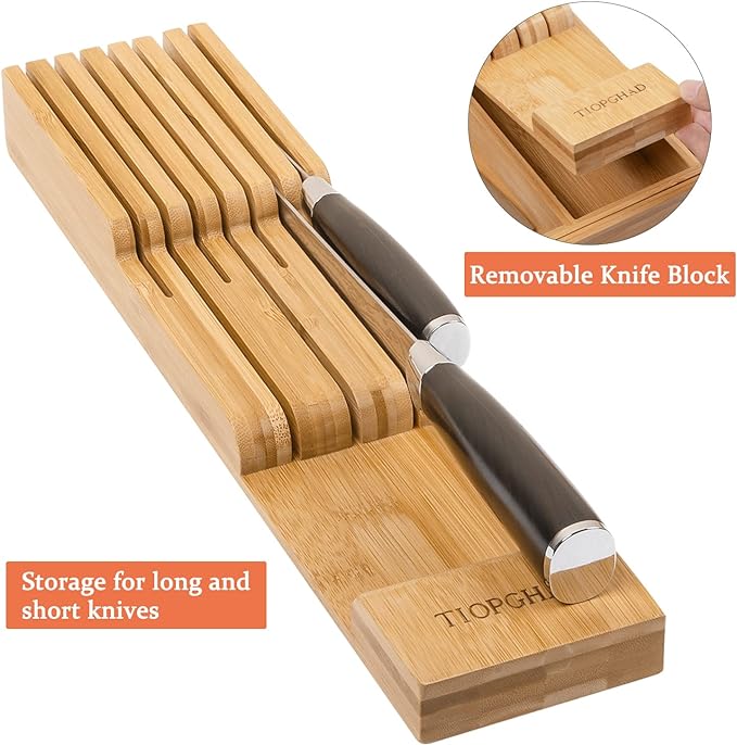 Expandable Bamboo Silverware Drawer Organizer Tray, Natural | Removable Knife Block, Holds 7 Knives, Adjustable Dividers, 12.6-21.45 x 16.3 x 2.13 in, Drawer Insert for Utensils, Forks