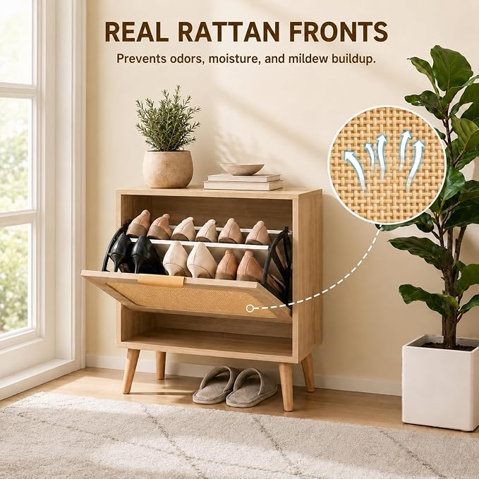Shoe Cabinet, Rattan Shoe Storage Cabinet for Entryway with Flip Drawers | Singel Drawers, Breathable Rattan, Odor Resistant, Hidden Shoe Organizer, Slim Space Saving, Narrow Cabinet, Entryway Storage