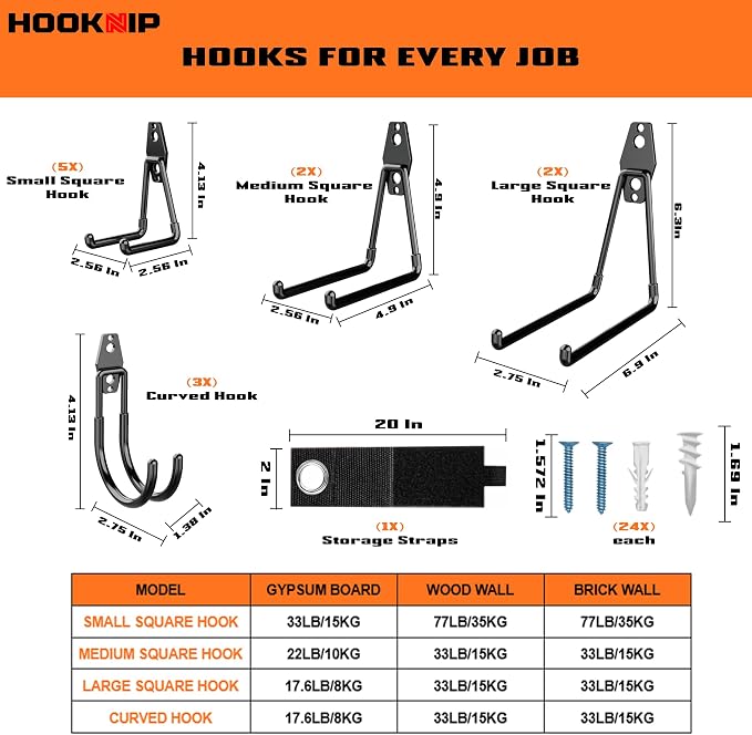 13 Pack Heavy Duty Garage Hooks, Wall Mounted Tool Hangers | PVC-coated hooks for bikes, ladders, garden tools and storage, anti-rust garage wall organizer.