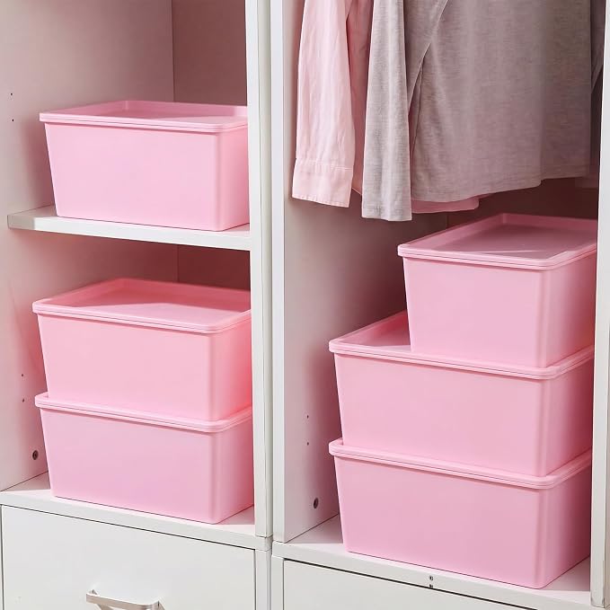6 Pcs Large and Small Plastic Storage Bins with Lids 14.4 x 10.4 x 5.1 Inch Stackable Storage Containers Decorative Cubby Organizer for Clothes Shelves Garage Closet Office(Pink)