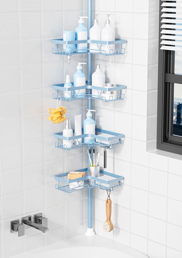 KEGII Shower Caddy Tension Pole, L-Shaped Corner Bathroom Organizer, Blue | Large Capacity 4-Tier Shower Storage with Hooks and Soap Holder, No Drill Rustproof Tension Rod for Renters and Apartments