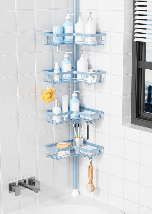 KEGII Shower Caddy Tension Pole, L-Shaped Corner Bathroom Organizer, Blue | Large Capacity 4-Tier Shower Storage with Hooks and Soap Holder, No Drill Rustproof Tension Rod for Renters and Apartments