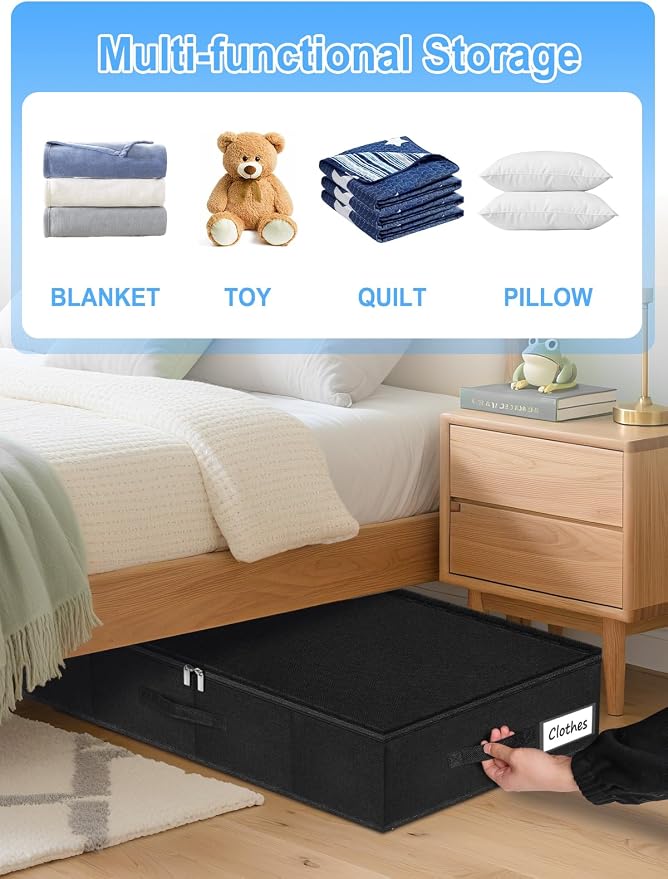 6.7-in Under Bed Storage Bin with Lid, Rigid Sides,2 Pack, Black | Zipped Lid, Rigid Sides & Bottom, Large Clothes Organizer Box, Off-season Storage, Bedrooms, Dorms Organization