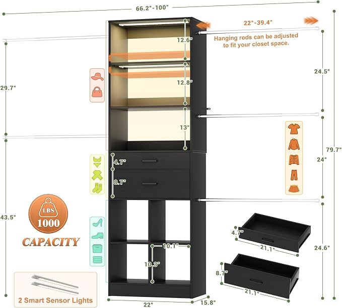 Besiost Closet System, 4-8 FT Closet Organizer System with Smart Sensor Lights, 2 Wooden Drawers and 5 Hanging Rods, Can Fit 60 to 96 inch Walk-in Closet System, Black