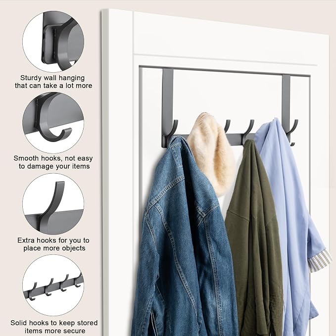 Over The Door Hooks,Door Hanger Hooks for Hanging (Gray, Fit 1-3/4" Doors) | Sturdy Door Hanger,Towel Racks for Bathroom with 12 Coat Hook,Coat Rack,Large Over The Door for Bathroom,Bedroom,Kitchen ﻿