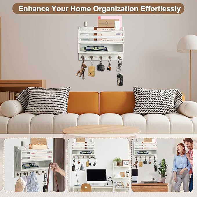 Key Holder Wall Mount with Mail Organizer, 5 Key Hooks, White | Wood Mail Organizer Wall Mounted with 5 Key Hooks & Storage Box and Mail Organizer for Entryway, Apartment, Home and Office