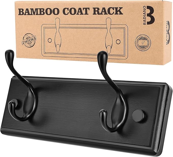 Badiano Wooden Coat Rack, Wall-Mounted Organizer for Closet, Entryway, Hallway, Foyer, Bedroom, Heavy Duty Double Hooks for Hanging Towels, Bags, Hats, Jackets, Key (Black, 2 Hooks)