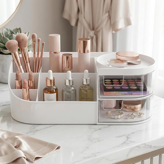 Makeup Organizer Countertop, Makeup Organizer With 2 Drawers | Makeup Organizer-Large Capacity Cosmetic Storage Cases With Smooth Edges and DIY Stickers, Dresser Table And Countertop