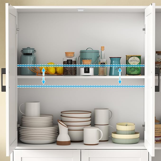 Kitchen Pantry Storage Cabinet, 64" Tall Freestanding Cupboard with Doors & Adjustable Shelves, Food Pantry Cabinet with 5-Tier External Shelf for Dining Room (White)