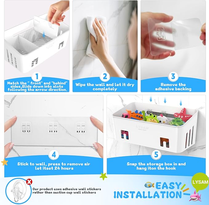 Bath Toy Storage 2 Packs, Large Bath Toy Holder - 3 Compartments, Quick-Dry | BPA-Free Bathtub Toy Organizer, Wall-Mounted Adhesive Shower Caddy, Bathroom Toy Basket & Bin for Baby, Toddler, Kids, White