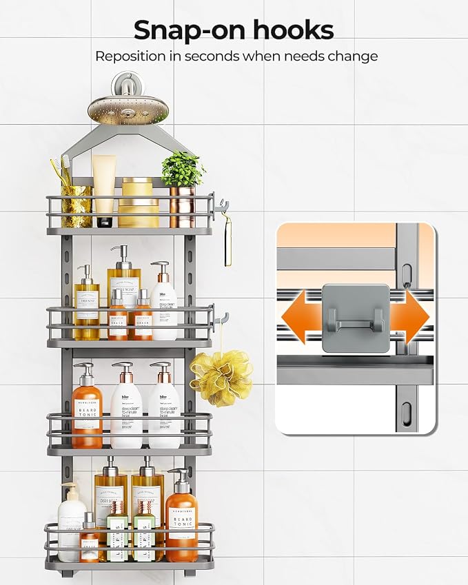 ODesign 4 Tier Adjustable Hanging Shower Caddy Over Showerhead Grey | Shower organizer hanging,no drilling required,comes with removable hook and storage box, suitable for indoor showers