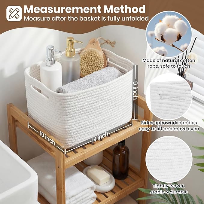 Storage Baskets for Organizing, 14 x 10 x 9” Closet Shelf Woven Baskets, Square Bins with Handles, Cotton Rope Basket for Clothes, Office, Room, White 3 Pack