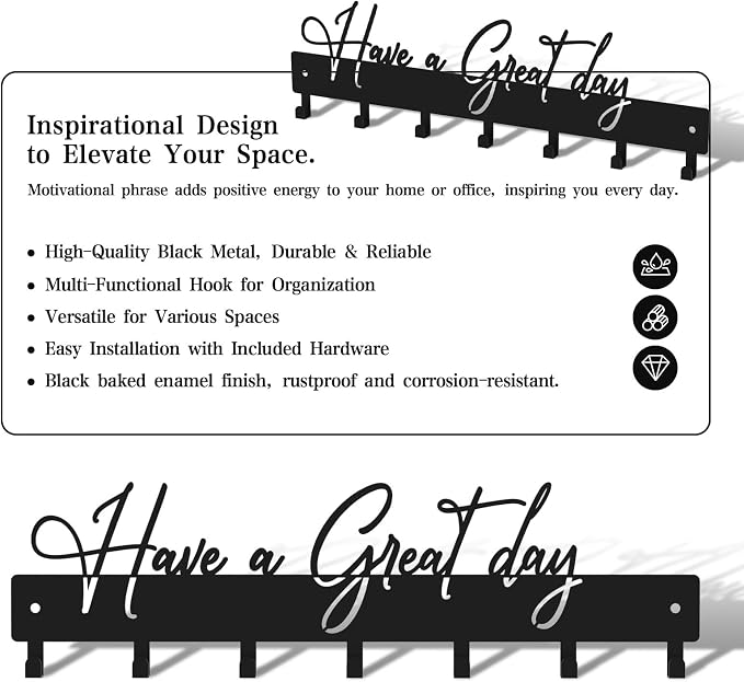 Have a Great Day Key Hooks for Wall Decoration,Delicate Fashion Black Metal Key Holder Wall Mount,Have a Great Day Key Hanger with 7 Kooks for Hallway,Office
