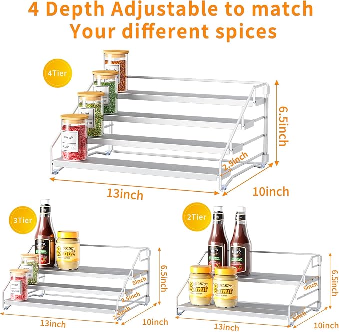 Spice Rack Organizer for Cabinet, Depth Adjustable 4 Tier Spice Rack,1 Pack | Silver, Metal Spice Organization for Cabinet, Easy Visibility, Tiered Spice Rack Perfect for Cabinet, Pantry and Countertop