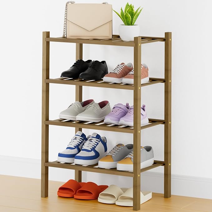Smiry Bamboo Shoe Rack, 14 Vertical Slats, 4 Tier - 17.3" Wide, Walnut | Stackable Free Standing Wooden Shoe Organizer, Wood Shoe Storage Shelf for Closet, Entryway, Thicher Leg
