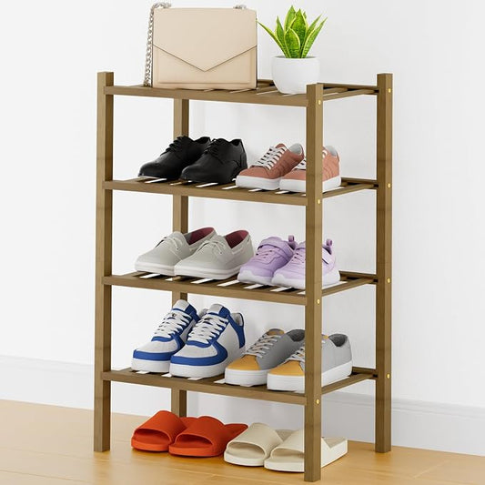 Smiry Bamboo Shoe Rack, 14 Vertical Slats, 4 Tier - 17.3" Wide, Walnut | Stackable Free Standing Wooden Shoe Organizer, Wood Shoe Storage Shelf for Closet, Entryway, Thicher Leg