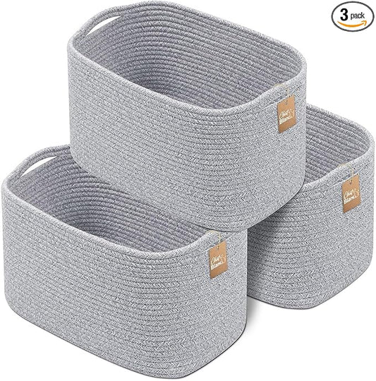 CHAT BLANC Cotton Rope Baskets for Organizing, Shelves, Toys, Storage, Shoe, Bathroom, Laundry, Towel, Nursery, Home Decor, Blanket, Cloth Woven Bins Fabric (Gray7, 15"x10"x9")