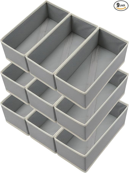 Bructhun Sock Drawer Organizer 9 Pack - Collapsible Fabric Storage Bins for Underwear Divider, Small Closet Organizers with 9 Compartments, Light Gray