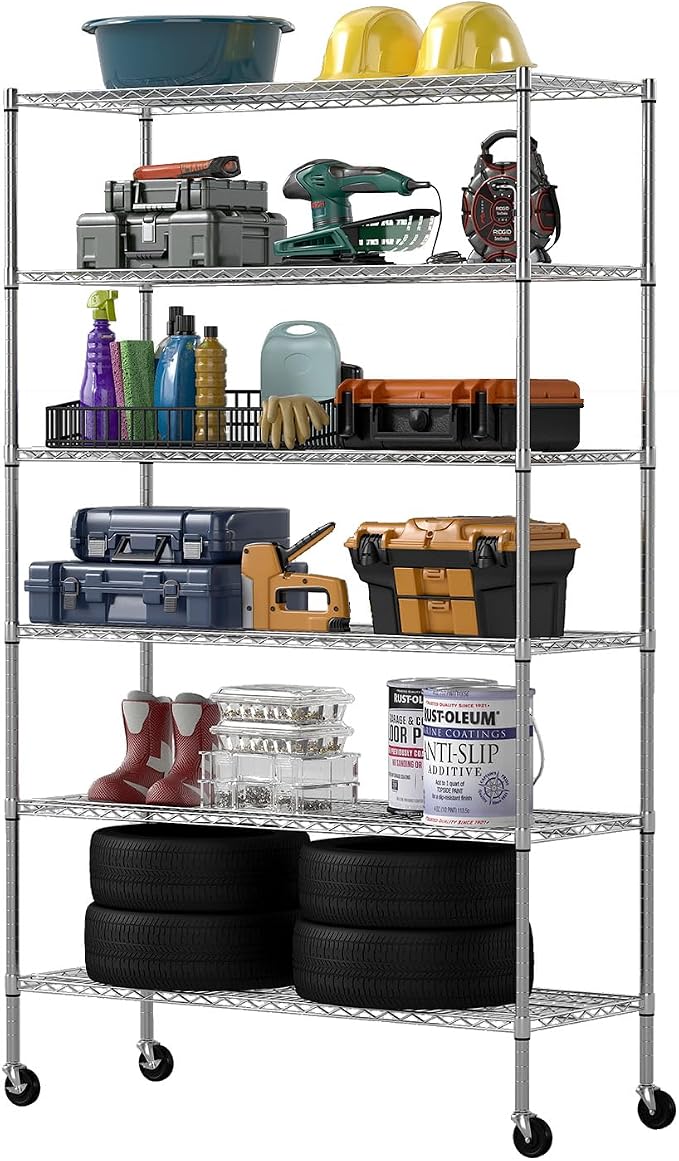 FDW 48 inch L×18 inch W×76 inch H Wire Shelving Unit Metal Shelf with 6 Tier Casters Adjustable Layer Rack Strong Steel for Restaurant Garage Pantry Kitchen Garage, Chrome