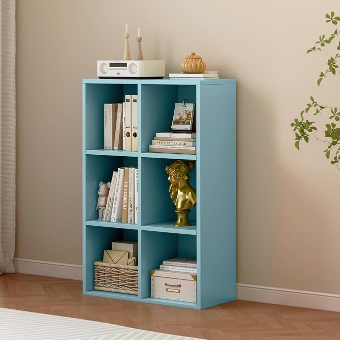 OSCHF 6-Cube Storage Shelf Bookcase, Light Blue | Wooden 3-Tier Open Bookshelf, Fits 11×11" Bins, Vertical or Horizontal Use, Full Back Panels, For Home Office