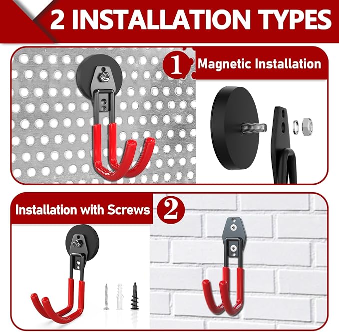 3-H Heavy Duty Magnetic Hooks, Large Magnet Hooks,2 Pack Red | No-Drill Tool Holder for Garage,Power Drill,Garden Tools,Hose Storage