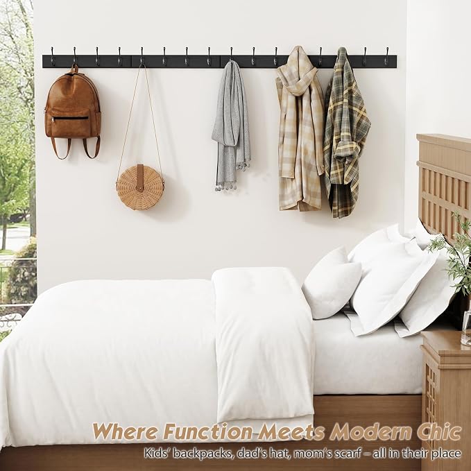 Forbena Black Coat Rack Wall Mount, Coat Hooks Wall Mounted for Entryway Closet Bedroom Bathroom Office, Antique Coat Hanger for Hanging Hats, Towels, Purses, Bags, Clothes, Backpack (Black)