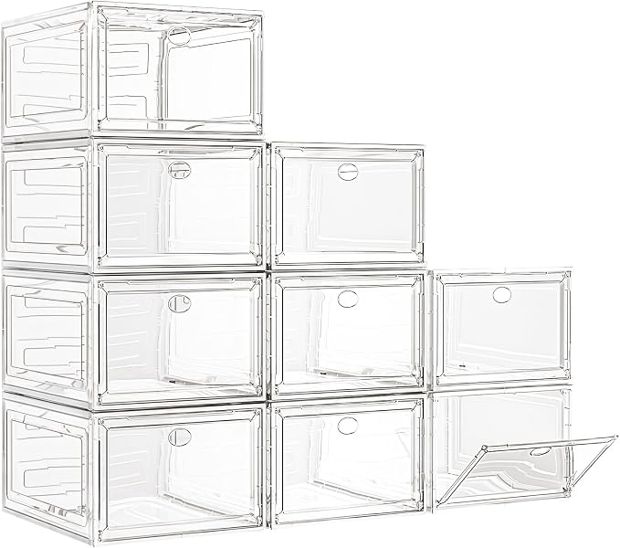 Large Thick Clear Shoe Organizer, Magnetic Door Stackable Shoe Storage Box | Foldable Shoe Storage Boxes for Sneakers & Boots, Space-Saving Closet Shoe Cabinet with Clear Magnetic Door, 9 Pack White