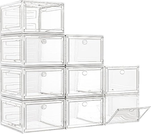 Large Thick Clear Shoe Organizer, Magnetic Door Stackable Shoe Storage Box | Foldable Shoe Storage Boxes for Sneakers & Boots, Space-Saving Closet Shoe Cabinet with Clear Magnetic Door, 9 Pack White