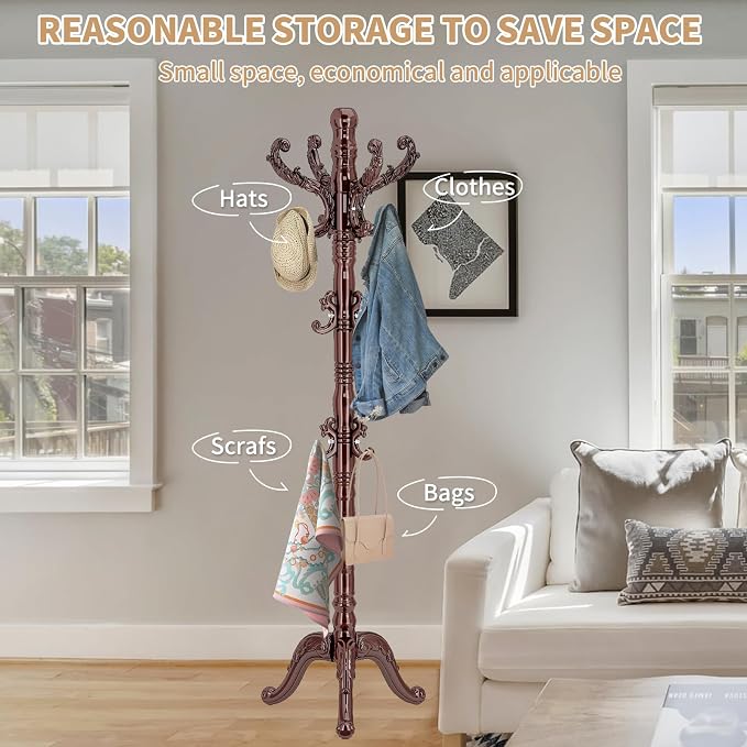 ZOZOE Wooden Coat Rack,Vintage Coat Rack Freestanding with 14 Hooks | Solid Wood Coat Rack Stand with Triangle Base,Classic Natural Birch Wood Coat Clothes Tree Stand for Entryway Hallway