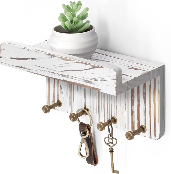 Rebee Vision Key Holder Wall Mount with 4 Hooks for Room Decor, Whitewash | Key and Mail Holder for Wall, Small Floating Shelf, Plant Display, Key Hanger, Room Decor Aesthetic, Compact Home Storage