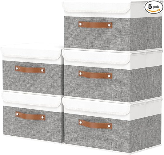 OUTBROS Storage Basket with Lid 13 x 9.1 x 7.9 inch, White/Grey, 5-Pack | Linen Fabric Containers, Wardrobe Organiser For Towels, Clothes