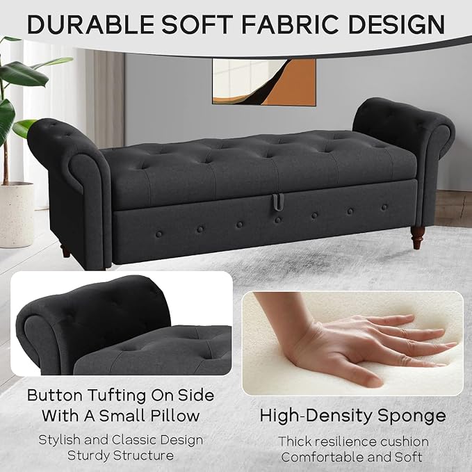 NIOIIKIT 63'' Storage Ottoman Bench, Tufted Entryway Bench Grey Polyster | Button Tufted End of Bed, Large Storage Space, Rolled Armed Ottoman Couch Long Bench for Bedroom, Living Room, Hallway