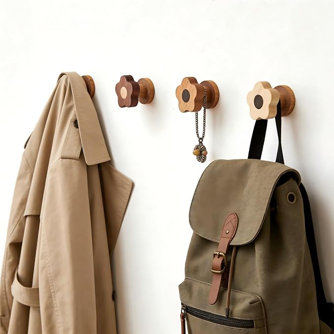 Kids Coat Hooks Wall Mount – Cute Flower Wooden Wall Hooks for Hanging Clothes, Purses, Robes, Towels, Backpacks – Modern Decorative Walnut Hangers for Girls’ Nursery, Bathroom, Entryway & Bedroom