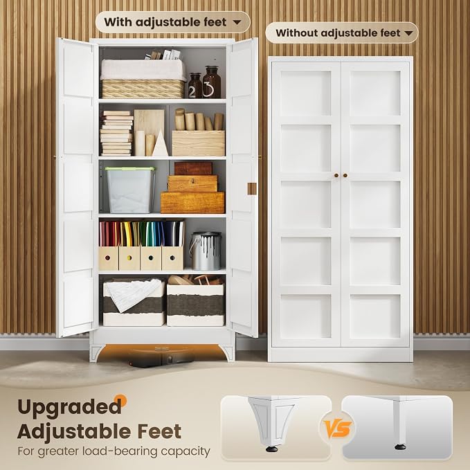 Yizosh Metal Storage Cabinet with 2 Doors and 4 Adjustable Shelves,- 71" White Kitchen Pantry Storage Cabinet for Kitchen,Dining Room,Living Room